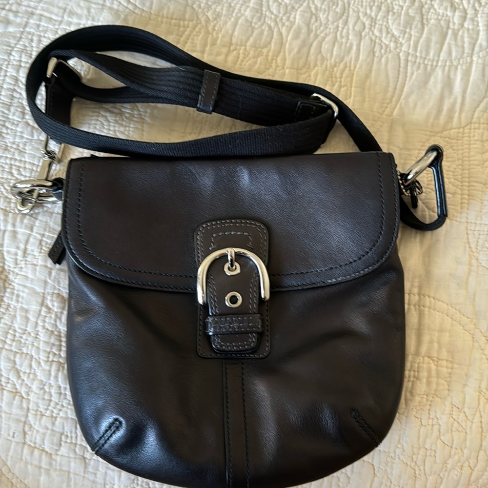 Vintage Coach Small Black Leather Crossbody With Buckle On Front Flap